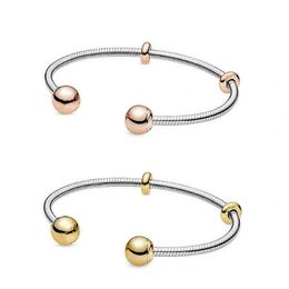925 Prata, Rosa de Ouro, Golden Cobra estilo cadeia Abrir Bangle se encaixa para Encantos e Beads europeus pulseiras Pandora