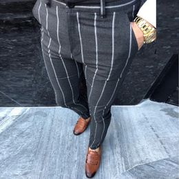 Smart Casual Pants Men Spring Fashion Slim Trousers Pantalones Hombre Striped Straight Leg Joggers Pencil Pants Male Streetwear V200411