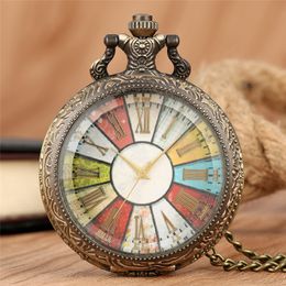 Vintage Bronze Pocket Watch Transparent Glass Colourful Dial Roman Number Quartz Watches Necklace Chain Souvenir Gift Orologio da tasca