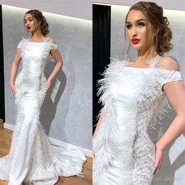 Luxurious White Mermaid Evening Dresses with Feathers Off Shoulder Crystals Sequined Sexy Prom Gowns Ruffles Train Plus Size robe de soiree