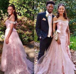 Prom 2020 Pink Dresses Off The Shouder Beaded Mermaid Sweep Train Lace Applique Custom Made Evening Party Gown Formal Ocn Wear