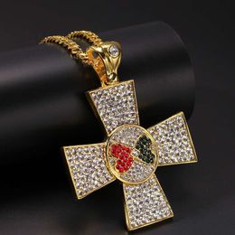 Europe and America New Fashion Hip Hop Necklace Yellow Gold Plated CZ Double Heart Cross Pendant Necklace for Men Women