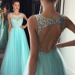 Sparkly Prom Dresses Sheer Jewel Neck Open Back Colorful Crystals Light Sky Blue Tulle Floor Length Evening Party Gowns Custom Made