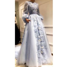 Pretty 3D Flower Sky Blue A-line Evening Dresses 2020 Puffy Full Sleeves Muslim Appliques Prom Gowns With Pockets