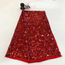 5 Yards/pc Top sale red french net lace fabric match small sequins flower style african mesh material for party dress ZD4-3