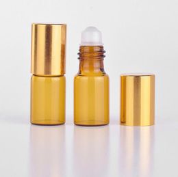 Wholesale 3ml Amber Brown glass roll on Refillable bottle Essential oils bottle Gold aluminum Cap