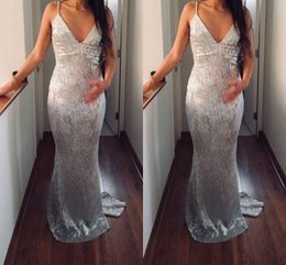Silver Sexy Spaghetti Straps Mermaid Prom Dresses Long Pleats Backless Formal Dresses Evening Prom Party Gowns vestidos de fies robes de bal