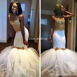 2019 Gold Lace Mermaid White Black Girl Prom Dress New Arrival Sexy With Tulle Puffy Skirt Sleeveless Party Gown Custom Made Plus Size