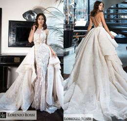 Lace Mermaid Wedding Dresses With Detachable Overskirts Jewel Neck Tiered Skirts Sexy Backless Beach Wedding Dress Plus Size Bridal Gowns