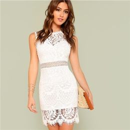 Hollow Out Insert Lace Dress Women White Round Neck Sleeveless Bodycon Dress Summer Ladies Workwear Party Dress