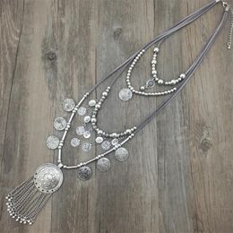 New Arrivals Woman Statement Necklace Bohemian Colourful Silver Beads Chian Tassel Pendant Long Necklace for Dress leather Chain