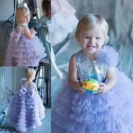 Lanvender Sparkly Sequined Flower Girl Dresses For Wedding A Line Tiered Toddler Pageant Gowns Tulle Floor Length Kids Prom Dress