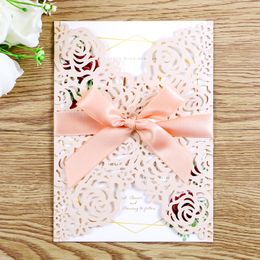 2020 Gorgeous Light Pink Laser Cut Invitations Cards With Ribbons For Wedding Bridal Shower Engagement Birthday Graduation Invite