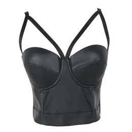 Women Night Club Caged Bralette Fashion PU Leather Bustier Bra Dance Party Cropped Top Camis Tube-Top with Strap S-XL