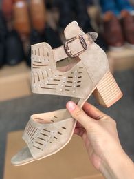 2021 Luxury high Heels Slides Sandals suede mid-heel designer Sexy with crystal Metal Buckle summer beach wedding shoes Size 35-43 NO05