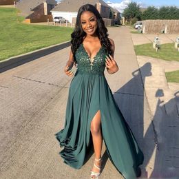 African Lace Long Prom Dresses 2020 with Appliques V Neck Floor Length Chiffon Split Formal Evening Party Gowns