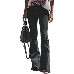 Women Flare Jeans Pants Regular Casual Vintage Denim Stretch Bell Bottom Trousers Wide Leg Jeans Mid Waist