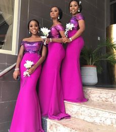 Fuchsia Girl Mermaid Bridesmaid Dresses Cheap Off The Shoulder Wedding Guest Dress Sequined Custom Made Plus Size Maid Of Honour Gowns M88