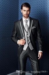 Latest Design One Button Black Groom Tuxedos Notch Lapel Groomsmen Best Man Mens Wedding Suits (Jacket+Pants+Vest+Tie) D:296