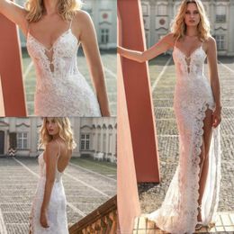 spaghetti beach wedding dresses thigh high slit lace 3d floral appliques mermaid wedding gowns backless sexy boho bridal dress