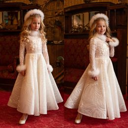 Flower Fall Winter Long Sleeve Jewel Neck Girls Pageant Gowns with Fur Gorgeous Formal Prom Dresses