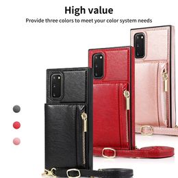 Square Vintage Flip Leather Wallet Chain Back Shell Shoulder Lanyard Strap Zipper Purse Stent Shell for Samsung Note10 Note9 S20 Huawei P40