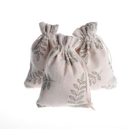 10x14cm Olive Leaf Pattern Drawstring Gifts Bags Cotton Linen Party Favours Packaging Sack Pouches For Candy Coffee Bean