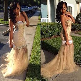 Luxurious Champagne Tulle Prom Dresses Strapless Beaded Crystals Evening Gowns Long Mermaid Women Sexy Party Evening Dress Z59