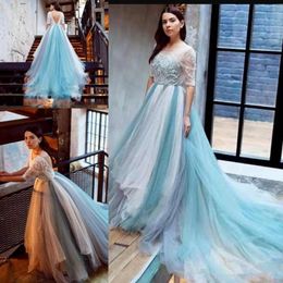 Light Sky Blue Half Long Sleeve Wedding Dresses Lace Beads Sheer Neck Beach Bridal Gowns Tulle Sweep Train Sexy Backless Wedding Gowns 40