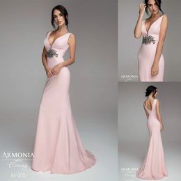 Pink Tmarmonia Customised Mermaid Evening Dress V Neck Sleeveless Backless Formal Dress Lace Crystal Sequins Party Bridesmaid Gown