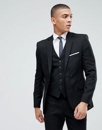 Excellent Black Groom Tuxedos Notch Lapel Groomsman Wedding 3 Piece Suit Popular Men Business Prom Jacket Blazer(Jacket+Pants+Tie+Vest) 2665