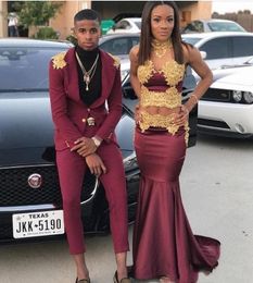 Burgundy Two Pieces Lace Mermaid Prom Dresses High Neck Beaded Formal Dress Sweep Train Satin Appliqued Evening Gowns
