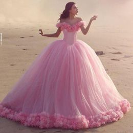 2019 Pink Ball Gown Quinceanera Dresses 3D Hand Made Flowers Off Shoulder Sweet 16 Plus Size Princess Tulle Cheap Masquerade Prom Gowns