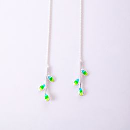 Fashion- Sterling Silver Enamel Green Leaves Long Drop Earrings For Women Lady Fashion Jewellery Pendientes Mujer EH698