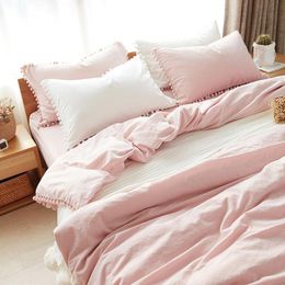 White Pink Bedding Sets with Washed Ball Decorative Microfiber Fabric Queen King Duvet Cover Pillowcase Comfortable