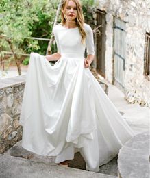 2020 New A-line Satin Modest Wedding Dresses With 3/4 Sleeves Corset Back Round Neck LDS Temple Bridal Gowns Sleeved Custom Made