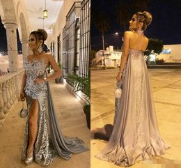 2020 Silver Grey Mermaid Prom Dresses Sequins Beaded Applique with Cape Chiffon Custom Made Evening Gown Formal Occasion Wear Plus Size