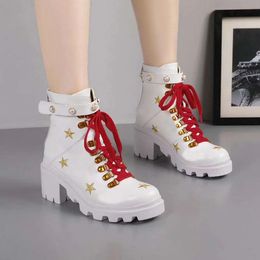 2019classic Embroidery increase high Woman's Leather shoes Lace up Ribbon belt buckle ankle boot factory direct female rough heel women boot
