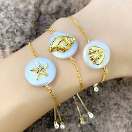 Europe and Amerrica Hot Women Bracelets Adjustable Yellow Gold Plated Colourful CZ Sheel Pearl Bracelet for Girls Women Nice Gift