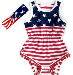 USA Flag Jumpsuit Baby Girls Tassel Sleeveless Romper American Flag Print Rompers Newborn Kids USA Jumpsuit with Headband GGA3364-2