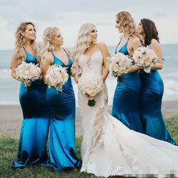 Simple Blue Bridesmaid Sexy Halter Mermaid Sweep Train Cheap Elastic Satin Maid of Honour Gown Wedding Guest Party Dress