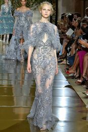 Evening dress Zuhair murad 2018 Yousef aljasm Blue Lace High neck With cape Feather Long sleeve Kim kardashian Kylie Jenner Ziadnakad 027