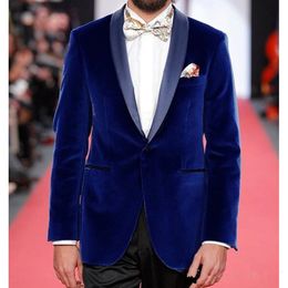 New Stylish Design Groom Tuxedos One Button Blue Velvet Shawl Lapel Groomsmen Best Man Suit Mens Wedding Suits (Jacket+Pants+Tie) 928