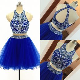 2020 Royal Blue 2 Piece Graduation Homecoming Dress Short Tulle Beaded Crystal Piping Halter Backless Prom Dress Mini Juniors Evening Gowns