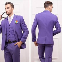 Customise Slim Fit Groom Suits Purple Back Split Satin Wedding Best Man Suit Three Pieces (Jacket+Pants+Vest)