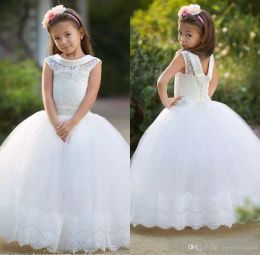 2018 Little Flower Girls Dresses for Weddings Jewel Neck Capped Sleeves Lace Up Back Communion Dresses