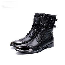 Brand New Men Shoes Pointed Metal Tip Knight Boot Men zapatos de hombre Black Genuine Leather Combat Boots Men