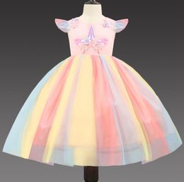 New Kids Girls Princess Dress Cartoon Unicorn Colorful Lace Tulle Tutu Party Dress Children Ball Gown Dresses W340
