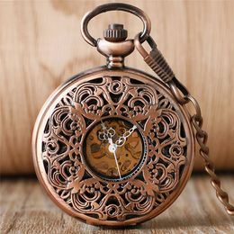 Bronze Antique Rose Gold Hollow Out Case Watches Handwind Mechanical Pocket Watch for Men Women FOB Skeleton Clock Pendant Chain Gift