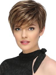 light brown highlighted Colour short straight hair wig with side parted Heat resistant Fibre synthetic wig capless fashion wig for women